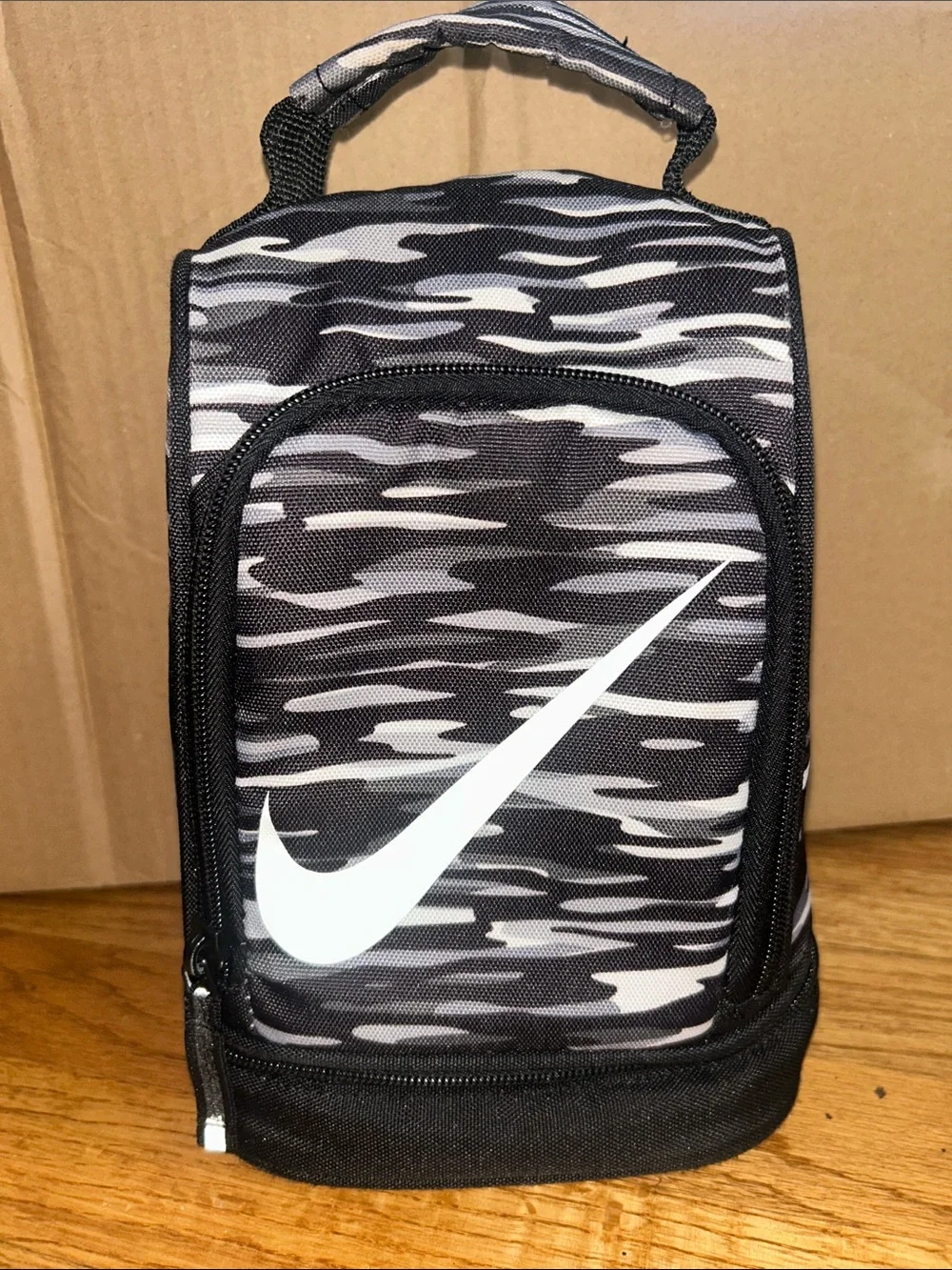 sold Nike Black & Gray Camo Dome Insulated Lunch Bag with White Swoosh